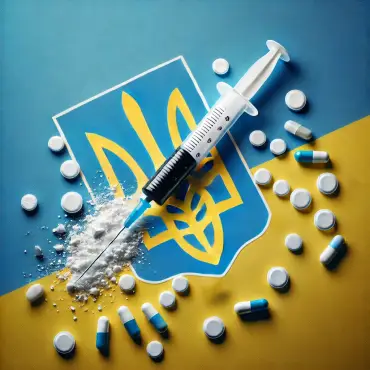 Шприц и рассыпанные таблетки на фоне украинского герба.