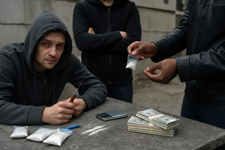 Чоловік у каптурі купує дозу наркотику з пакетиками й готівкою на столі, сцена наркоманії та залежності.