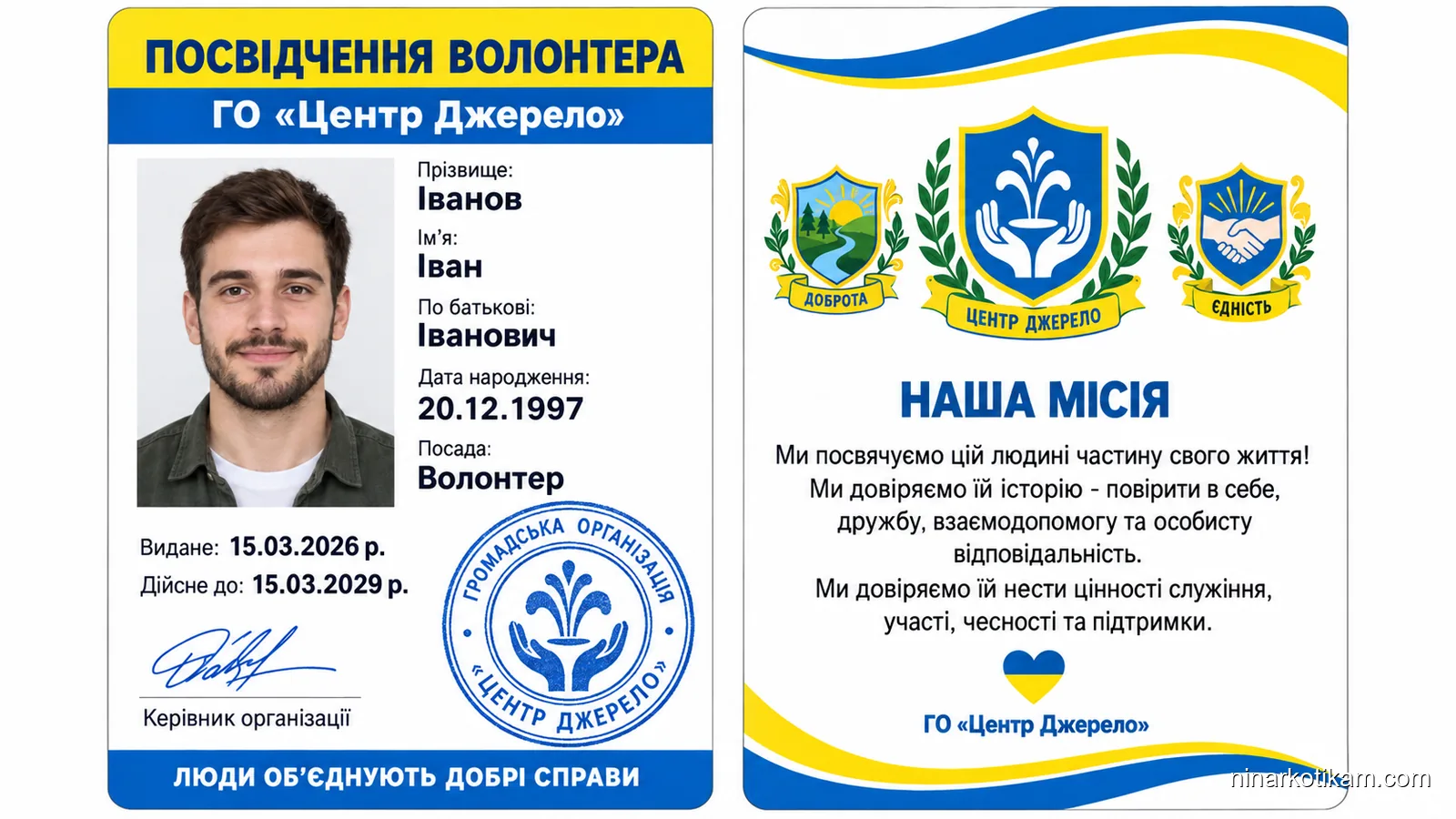 Зразок посвідчення волонтера, перший крок до статусу Друг Дому центру «Джерело»: лицьовий і зворотний бік, макет