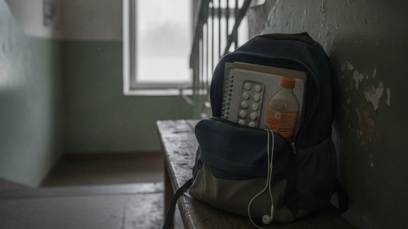 Триган-Д: відкритий шкільний рюкзак на сходах, усередині блістер таблеток і пляшка солодкої води