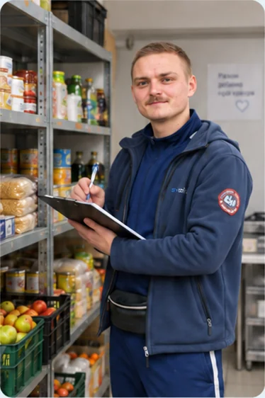 Павло з планшетом у коморі з продуктами: облік як начальник продовольчої служби